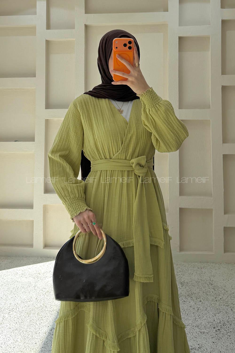 Oil Green V Neck Unprinted Dresess