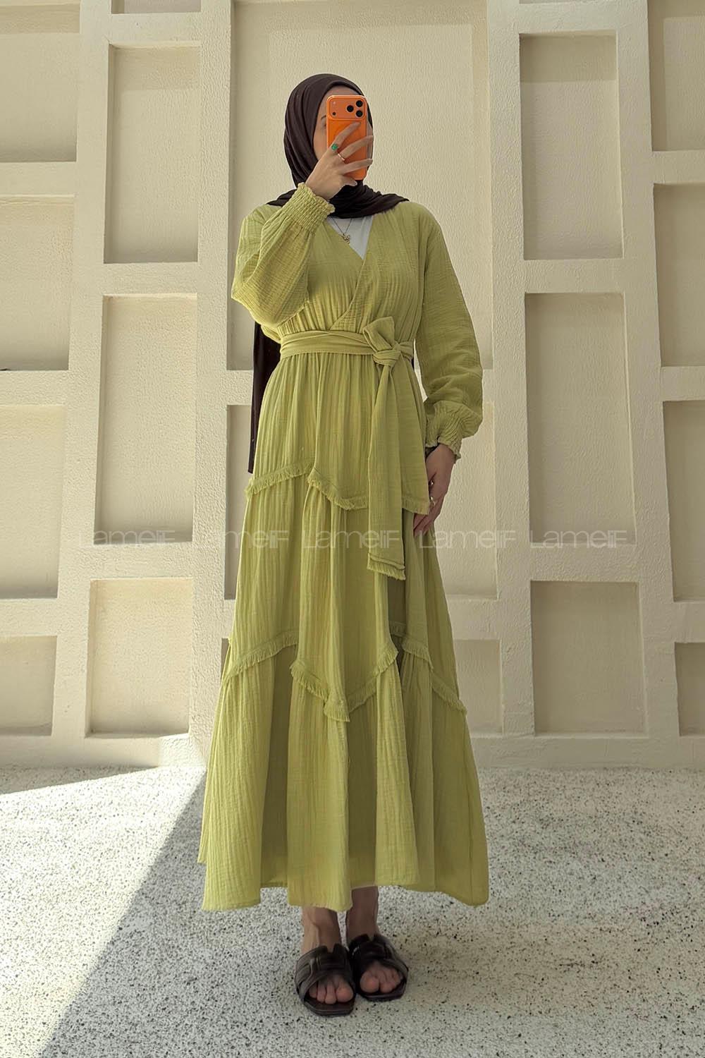 Oil Green V Neck Unprinted Dresess