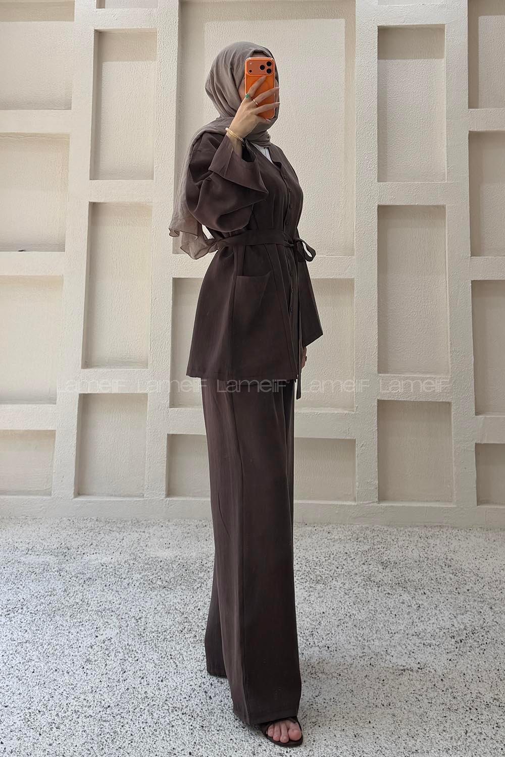 Brown V Neck Long Arm Belted Cotton Regular Trousers Suit