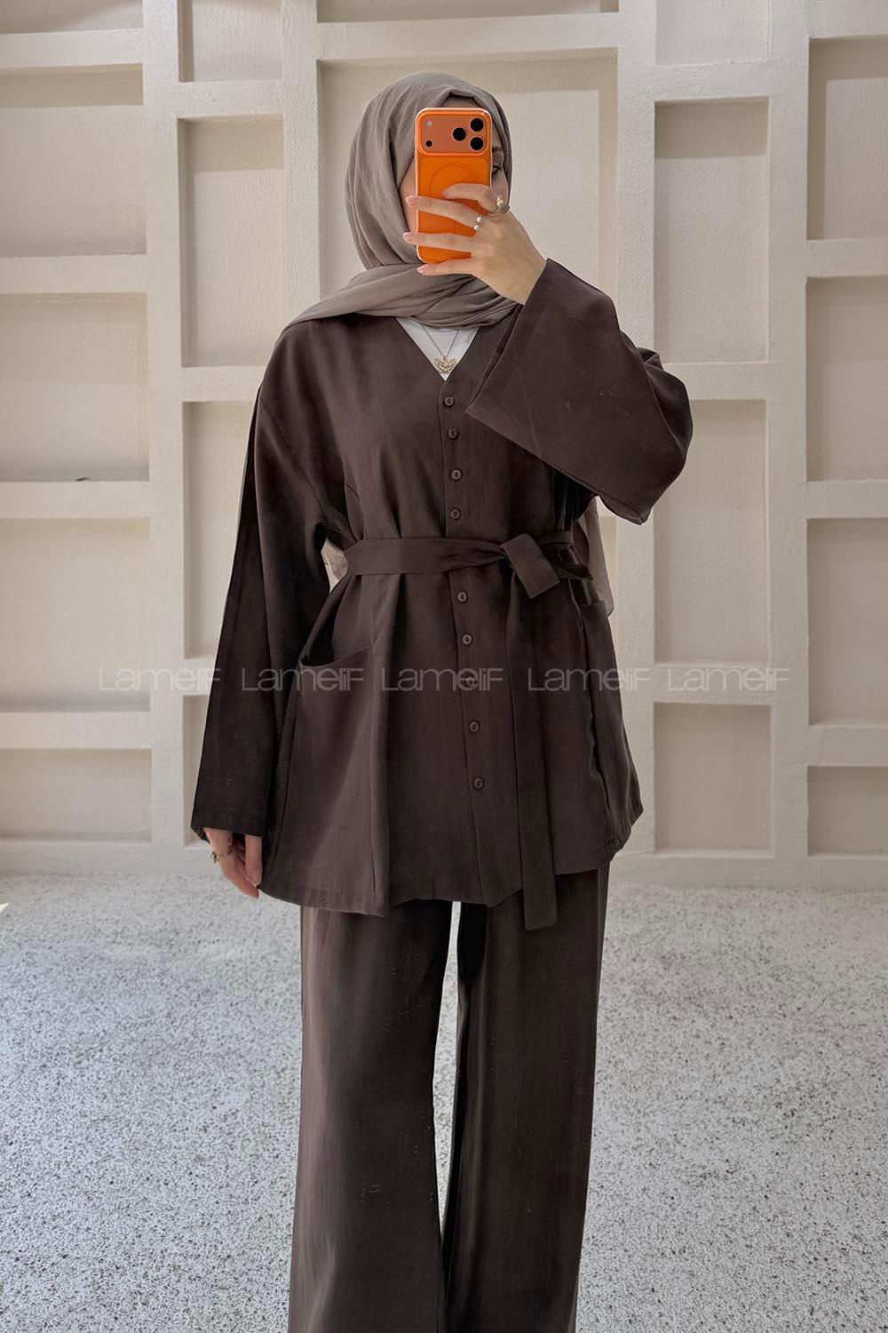 Brown V Neck Long Arm Belted Cotton Regular Trousers Suit