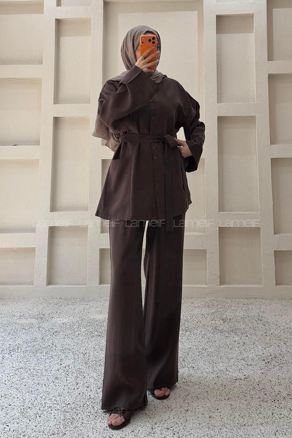 Brown V Neck Long Arm Belted Cotton Regular Trousers Suit
