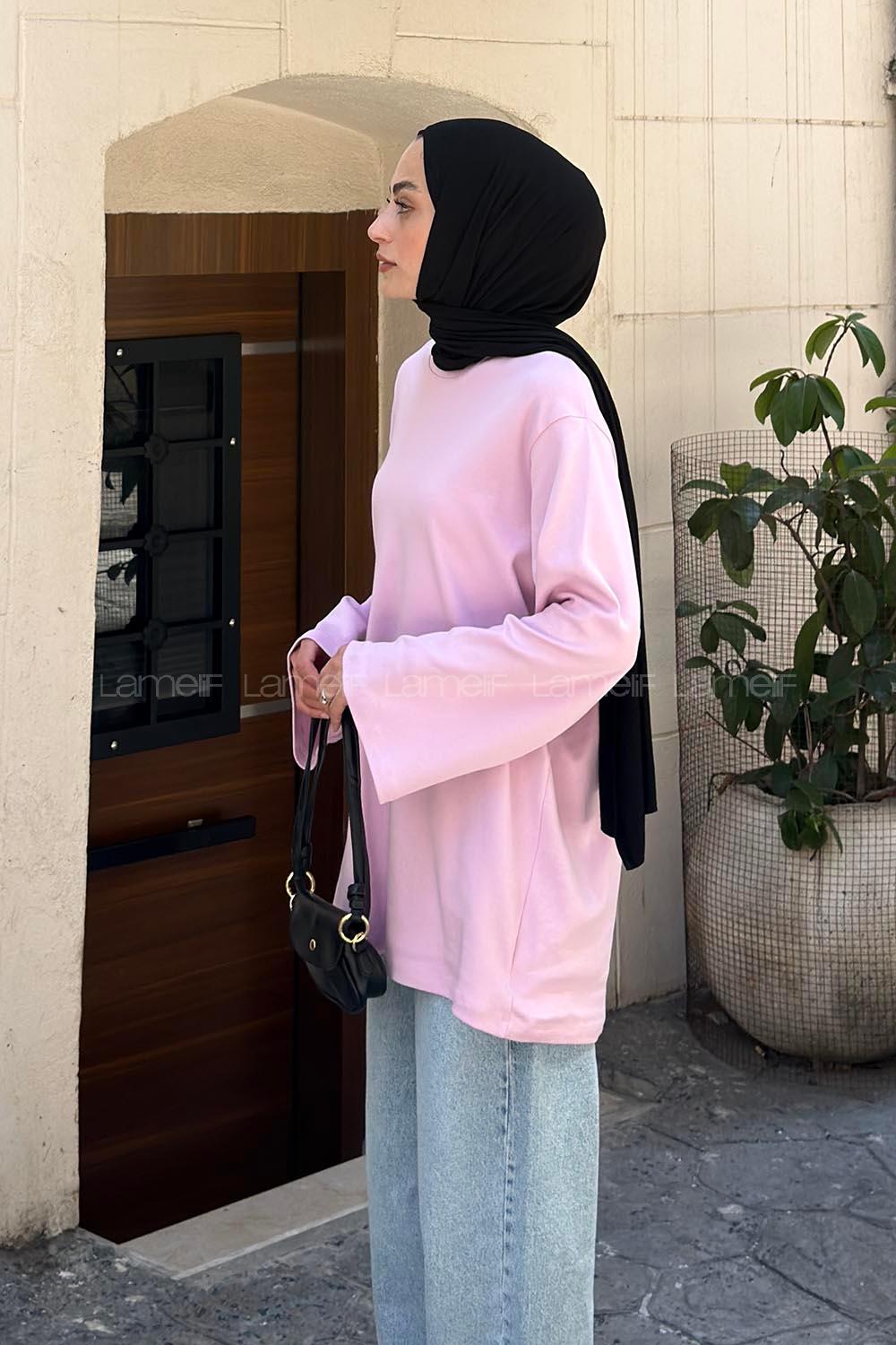 Lamelif Bisiklet Yaka Uzun Kollu Tunik Pembe