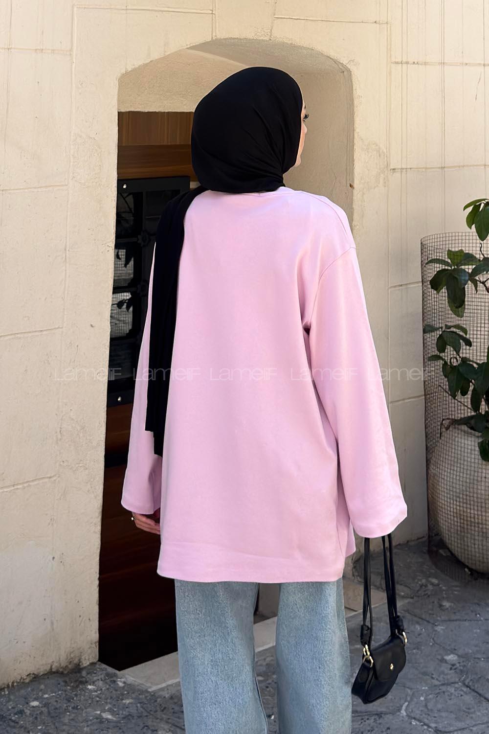 Lamelif Bisiklet Yaka Uzun Kollu Tunik Pembe