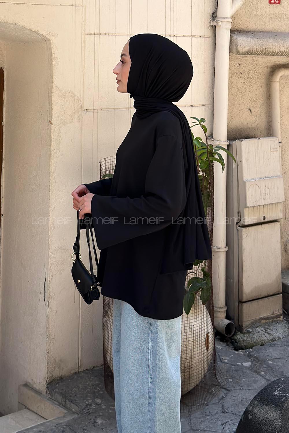 Lamelif Bisiklet Yaka Uzun Kollu Tunik Siyah
