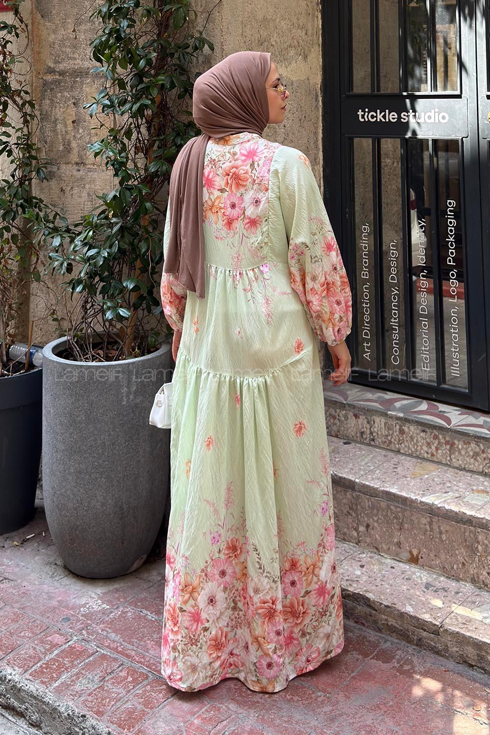 Lamelif Çiçek Detaylı Elbise Mint Yeşili