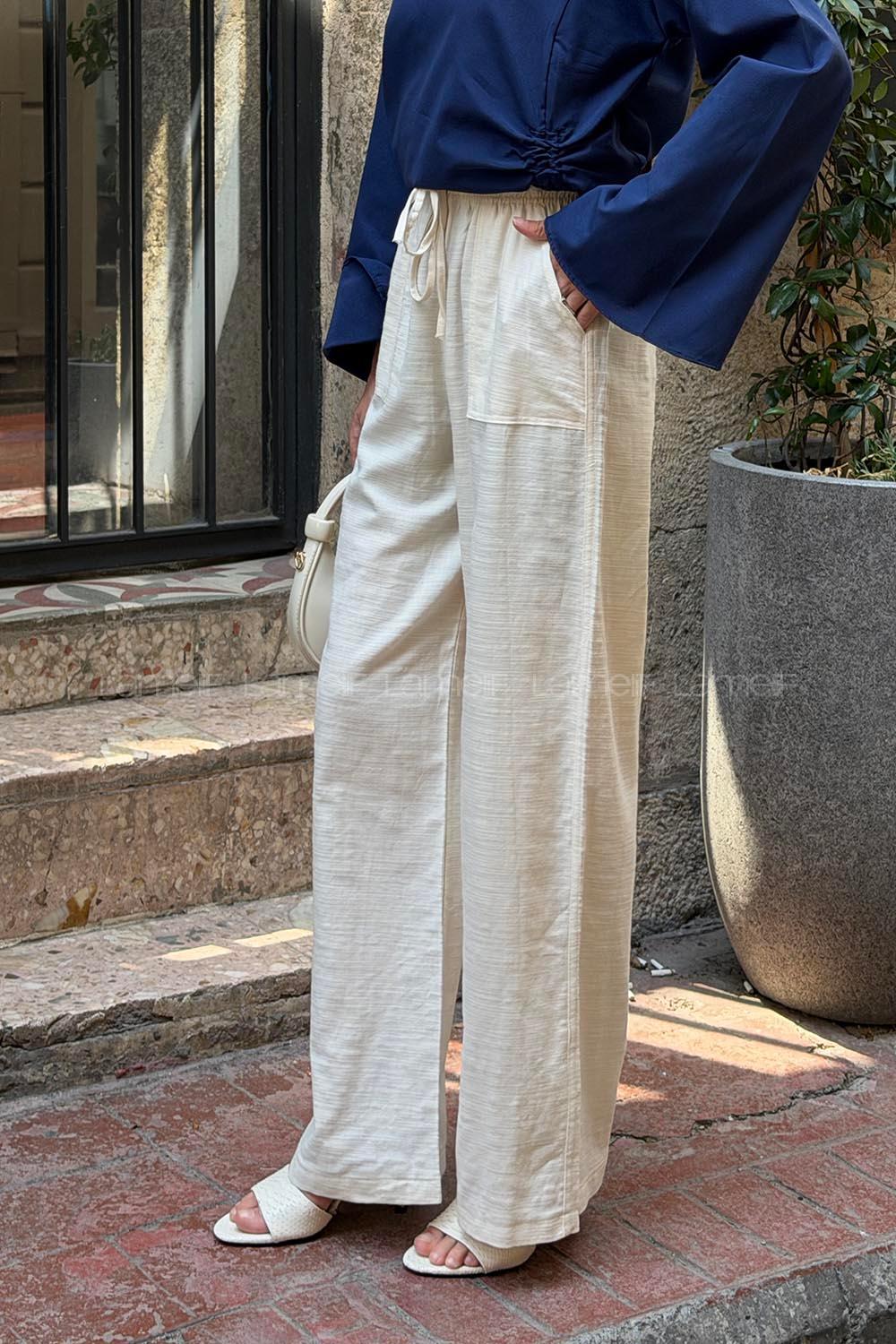 Lamelif Filamlı Keten Pantolon Krem