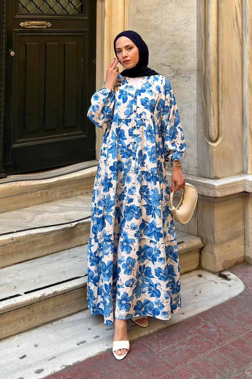 Lamelif V Yaka Çiçek Desenli Elbise Mavi