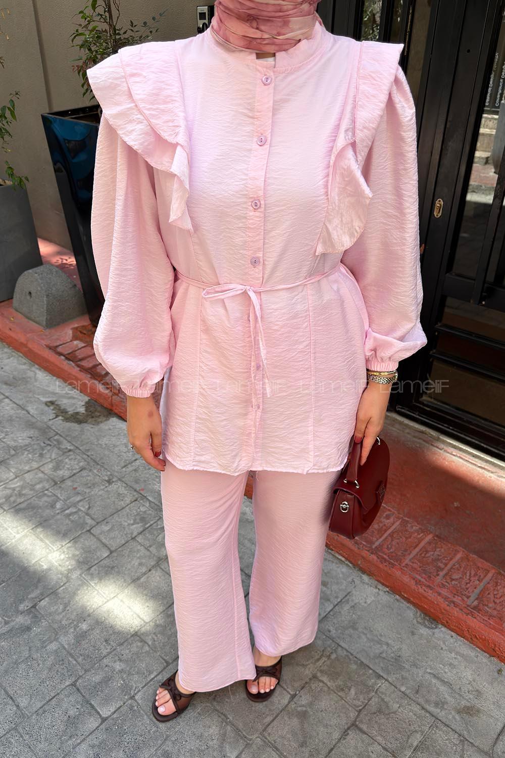 Lamelif Volanlı Gömlek İkili Takım Pembe