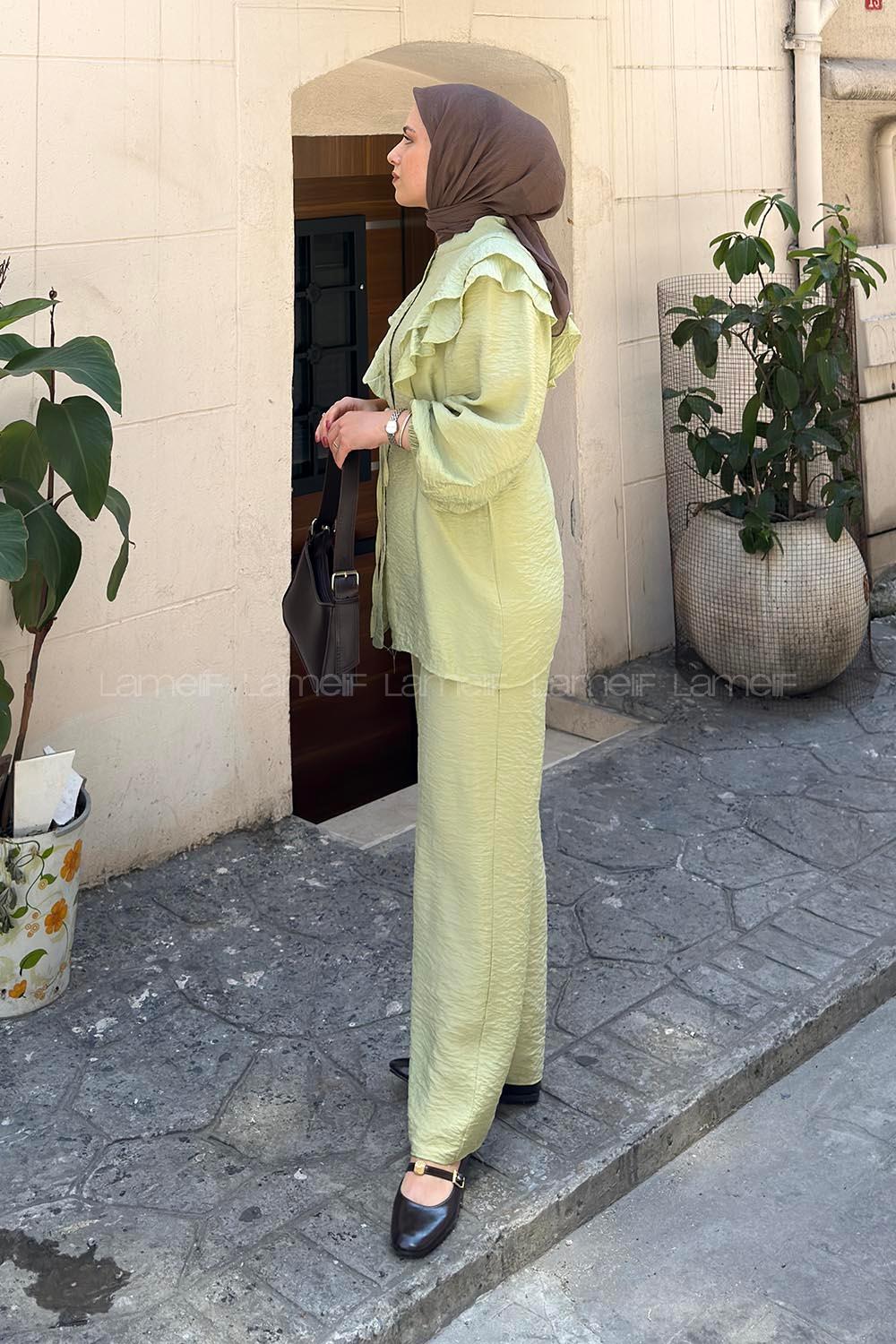 Lamelif Volanlı Gömlek İkili Takım Yağ Yeşili