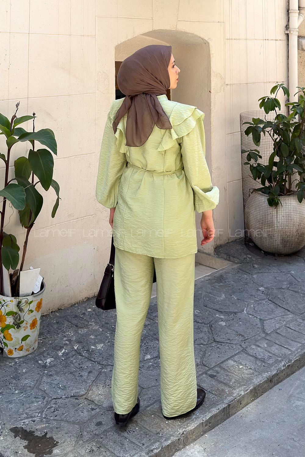 Lamelif Volanlı Gömlek İkili Takım Yağ Yeşili