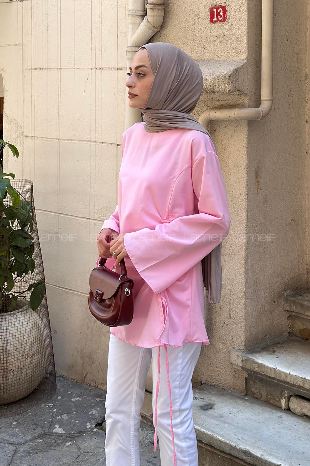 Lamelif Yan Büzgü Tasarım Tunik Pembe