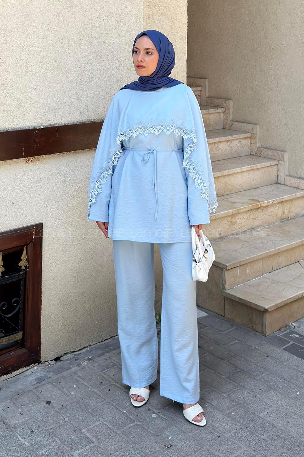 Lamelif Dantel Detaylı Tunik-Pantolon Takım Mavi
