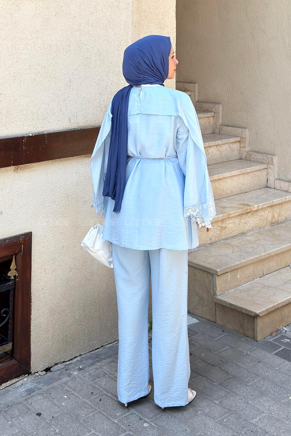 Lamelif Dantel Detaylı Tunik-Pantolon Takım Mavi