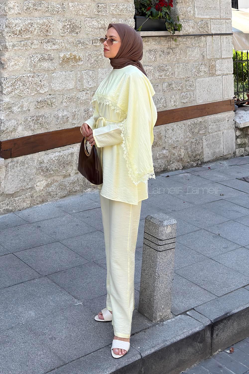 Lamelif Dantel Detaylı Tunik-Pantolon Takım Sarı