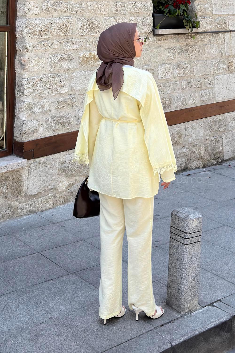 Lamelif Dantel Detaylı Tunik-Pantolon Takım Sarı