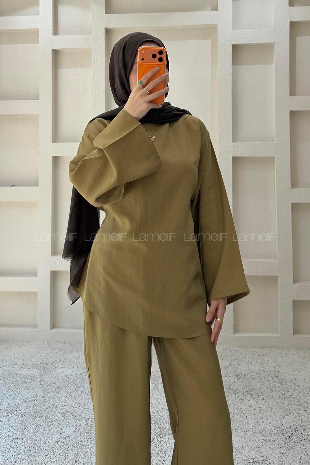 Lamelif Dökümlü Bluz Ve Pantolon Takım Yağ Yeşili