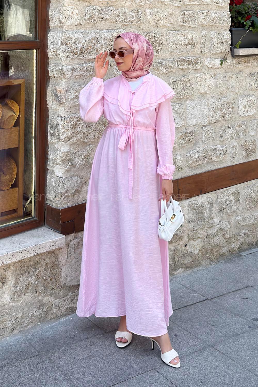 Lamelif Omuz Kat Kat Detaylı Efil Elbise Pembe