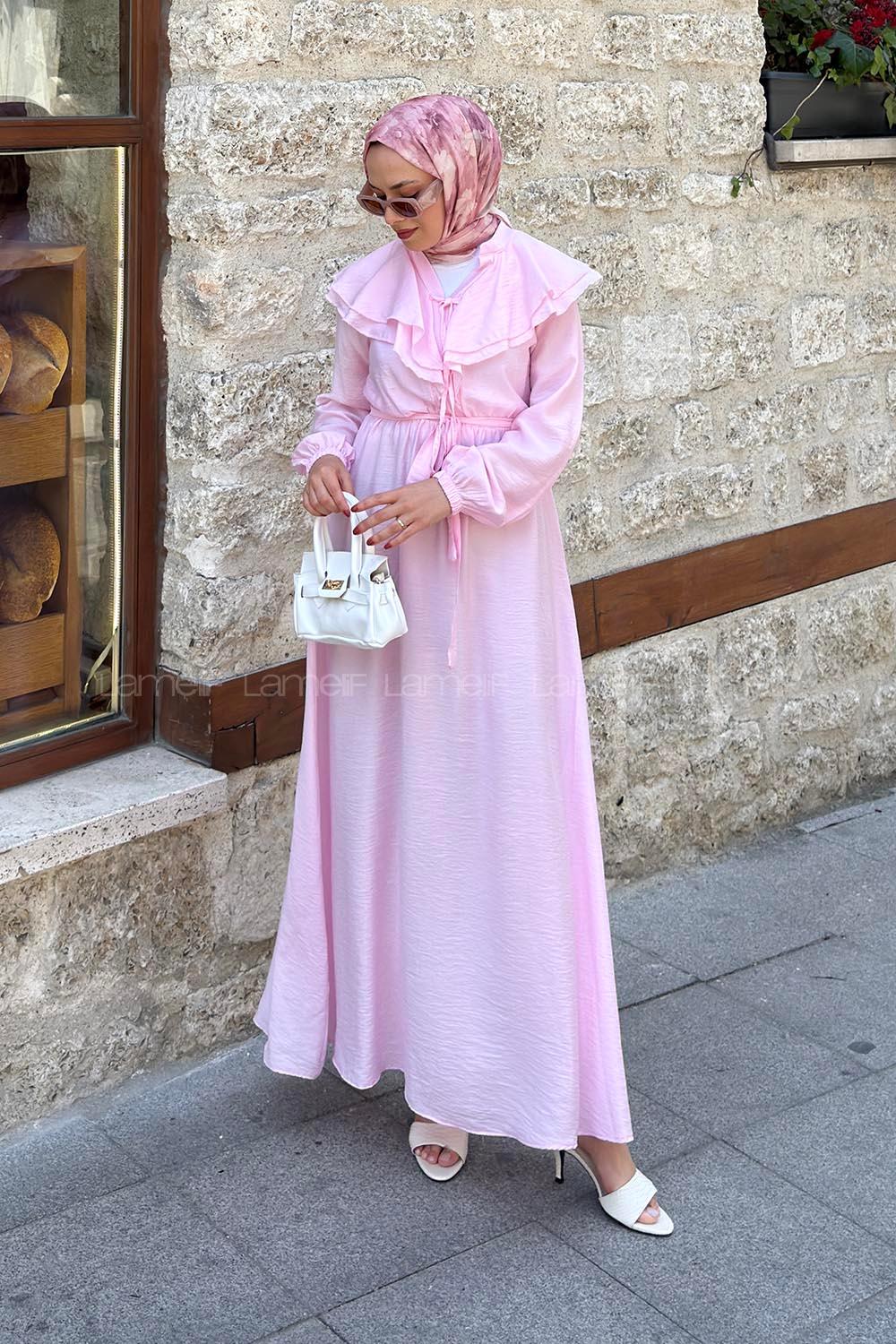 Lamelif Omuz Kat Kat Detaylı Efil Elbise Pembe