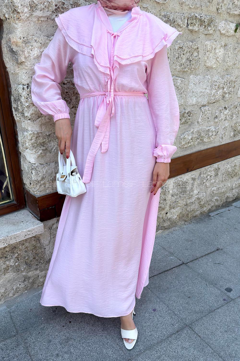 Lamelif Omuz Kat Kat Detaylı Efil Elbise Pembe