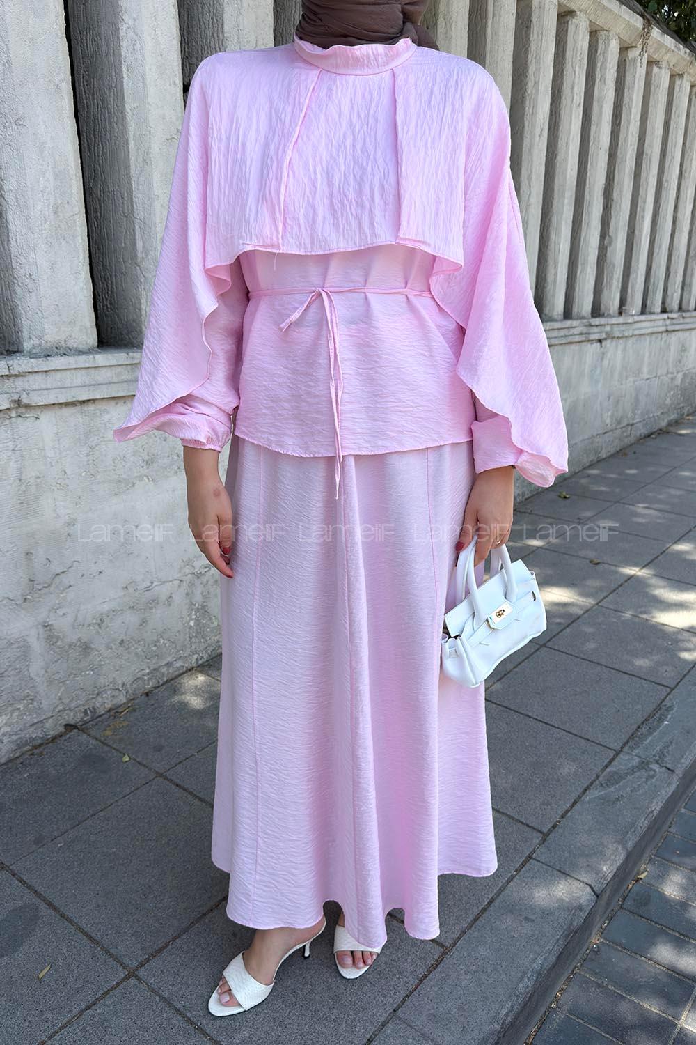Lamelif Pelerin Tasarım Bluz İkili Takım Pembe