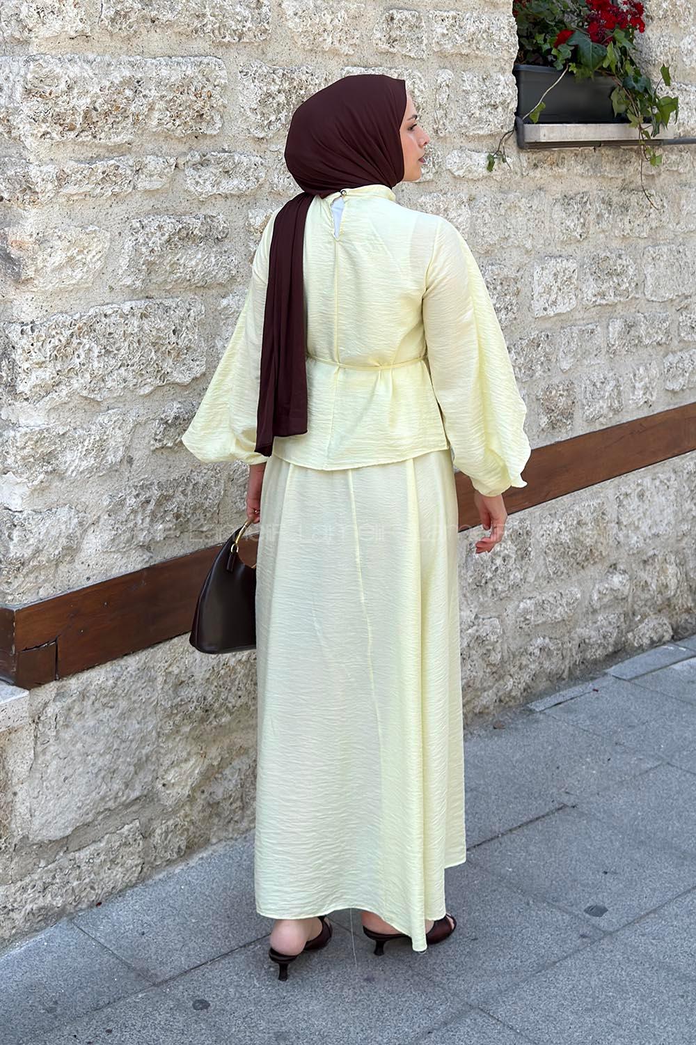 Lamelif Pelerin Tasarım Bluz İkili Takım Sarı