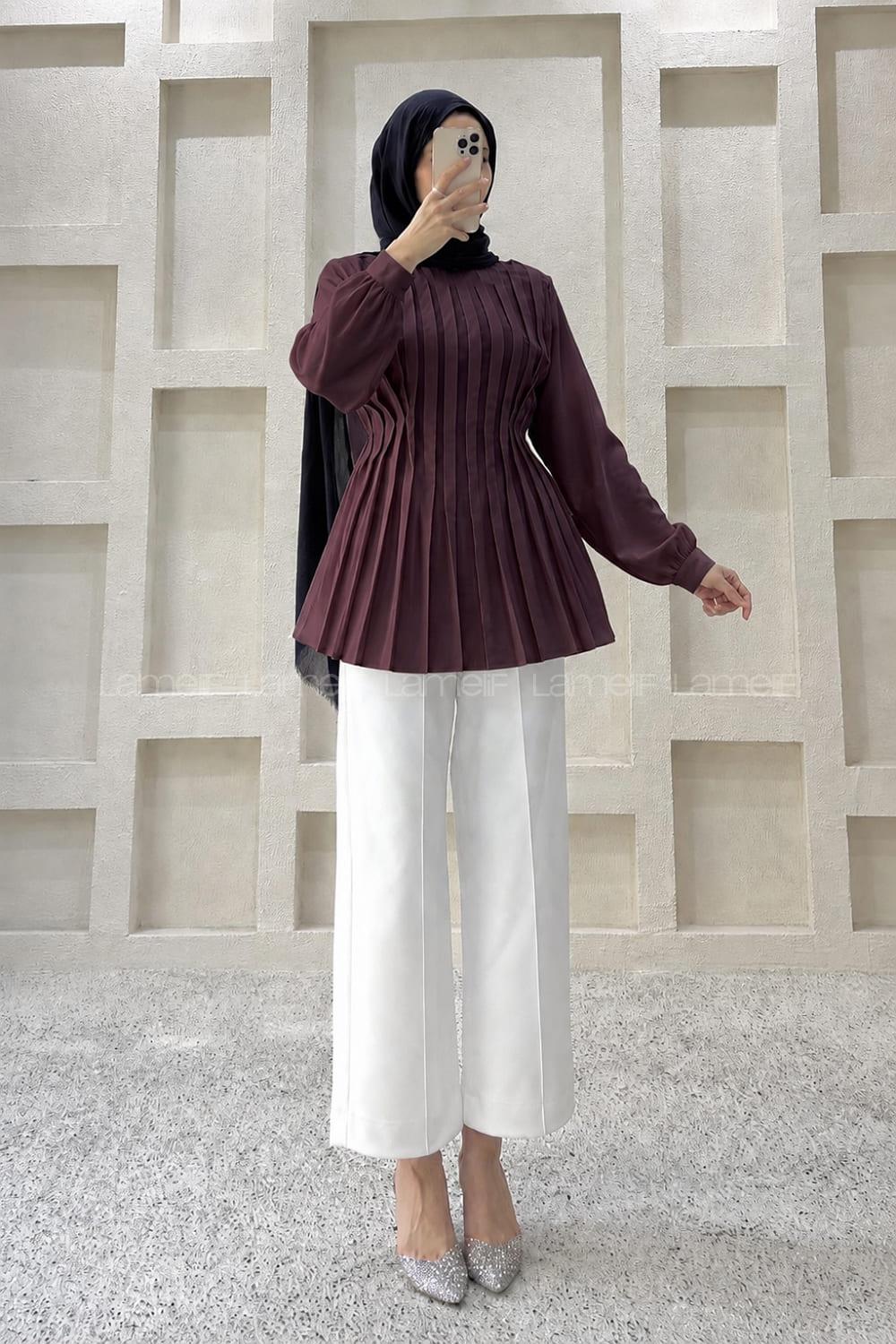 Lamelif Pile Detaylı Bluz Mürdüm