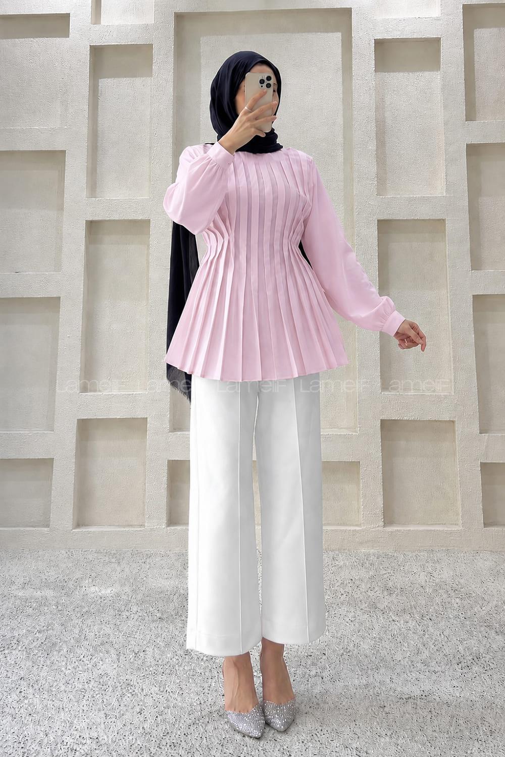 Pink Neckband Long Arm Cotton Polyester Blouse