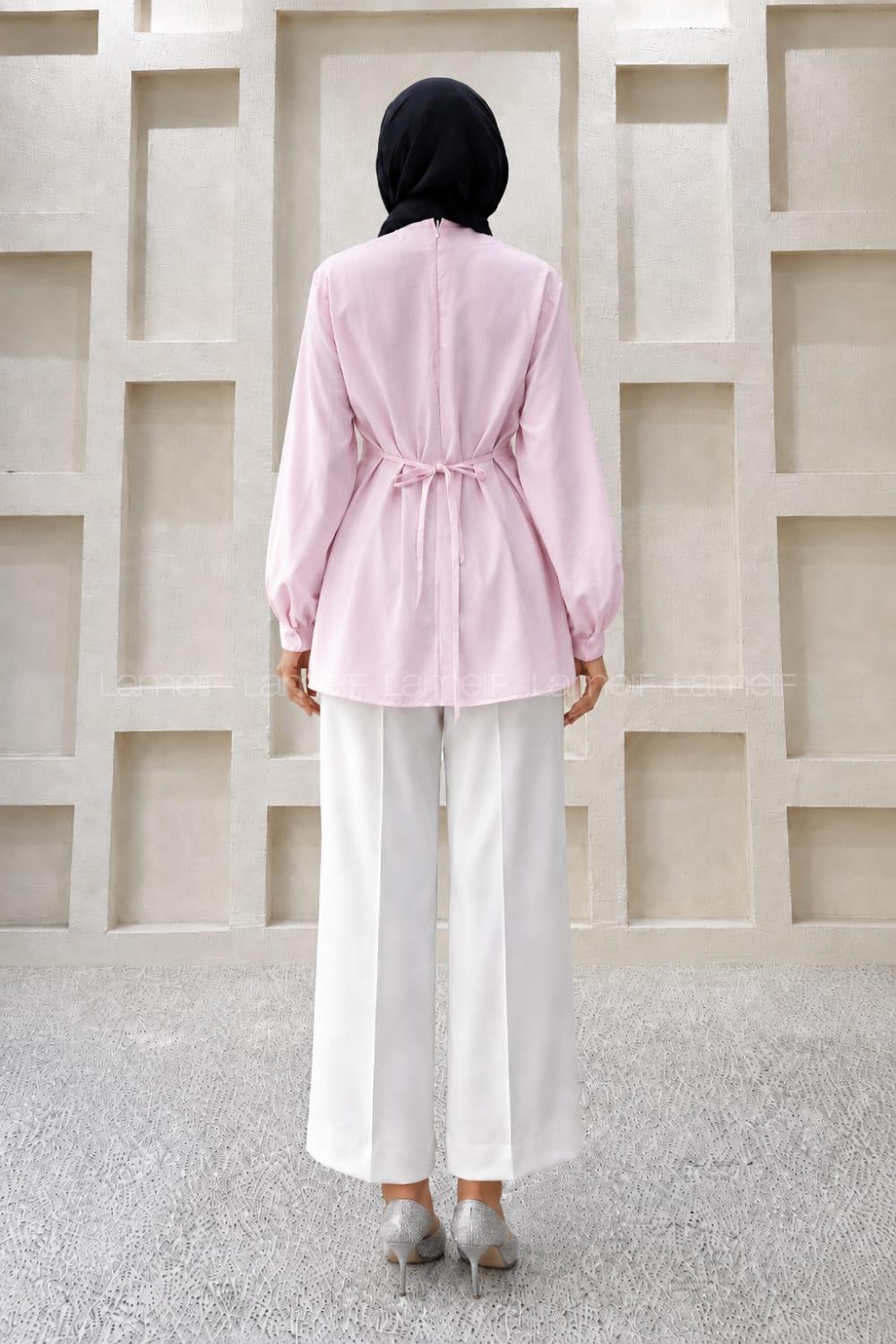 Pink Neckband Long Arm Cotton Polyester Blouse