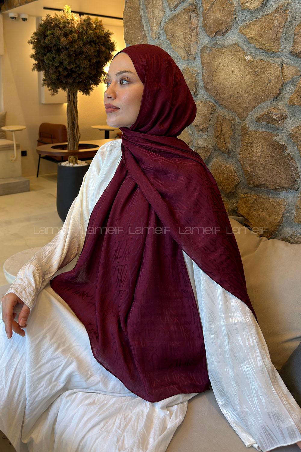 Lamelif  Etnik Desen Ayrobin Floş Jakar  Şal Bordo