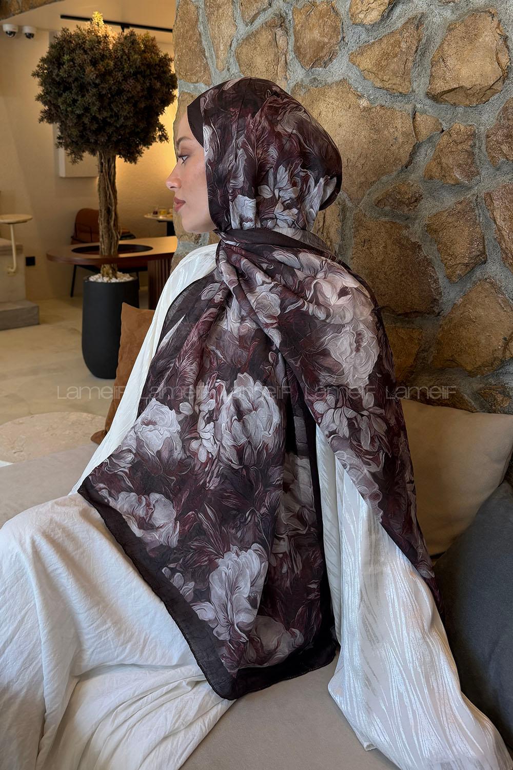 Lamelif Vintage Flower Desen Bambu Şal Acı Kahve