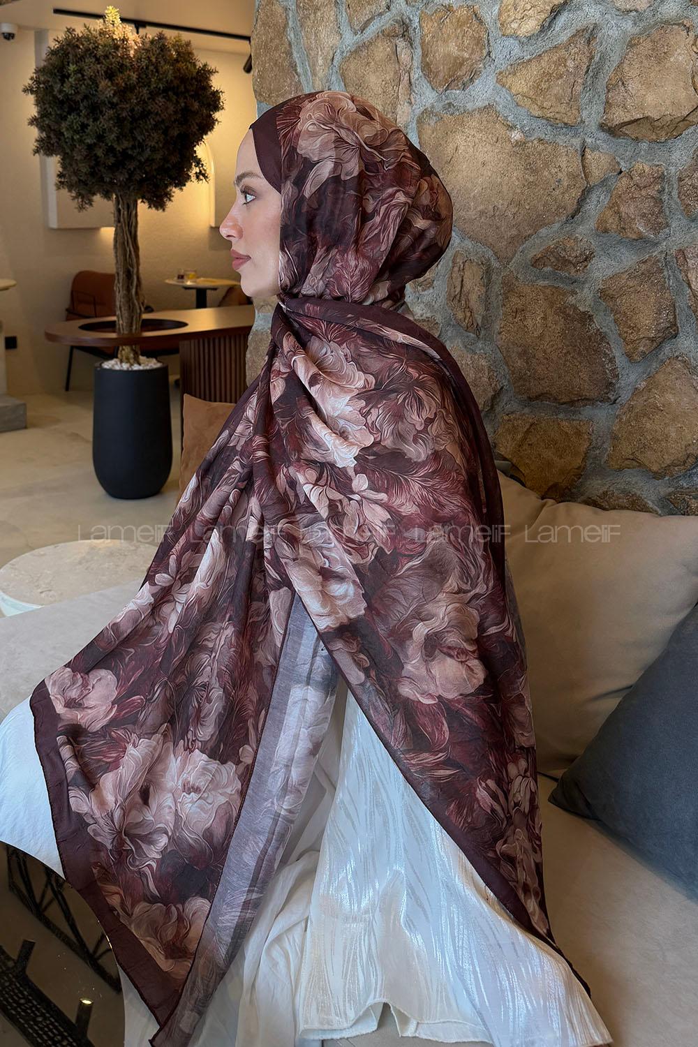 Lamelif Vintage Flower Desen Bambu Şal Kahverengi