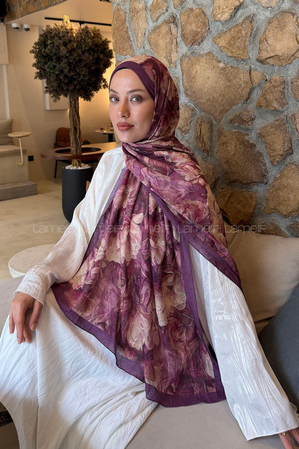 Lamelif Vintage Flower Desen Bambu Şal Mürdüm