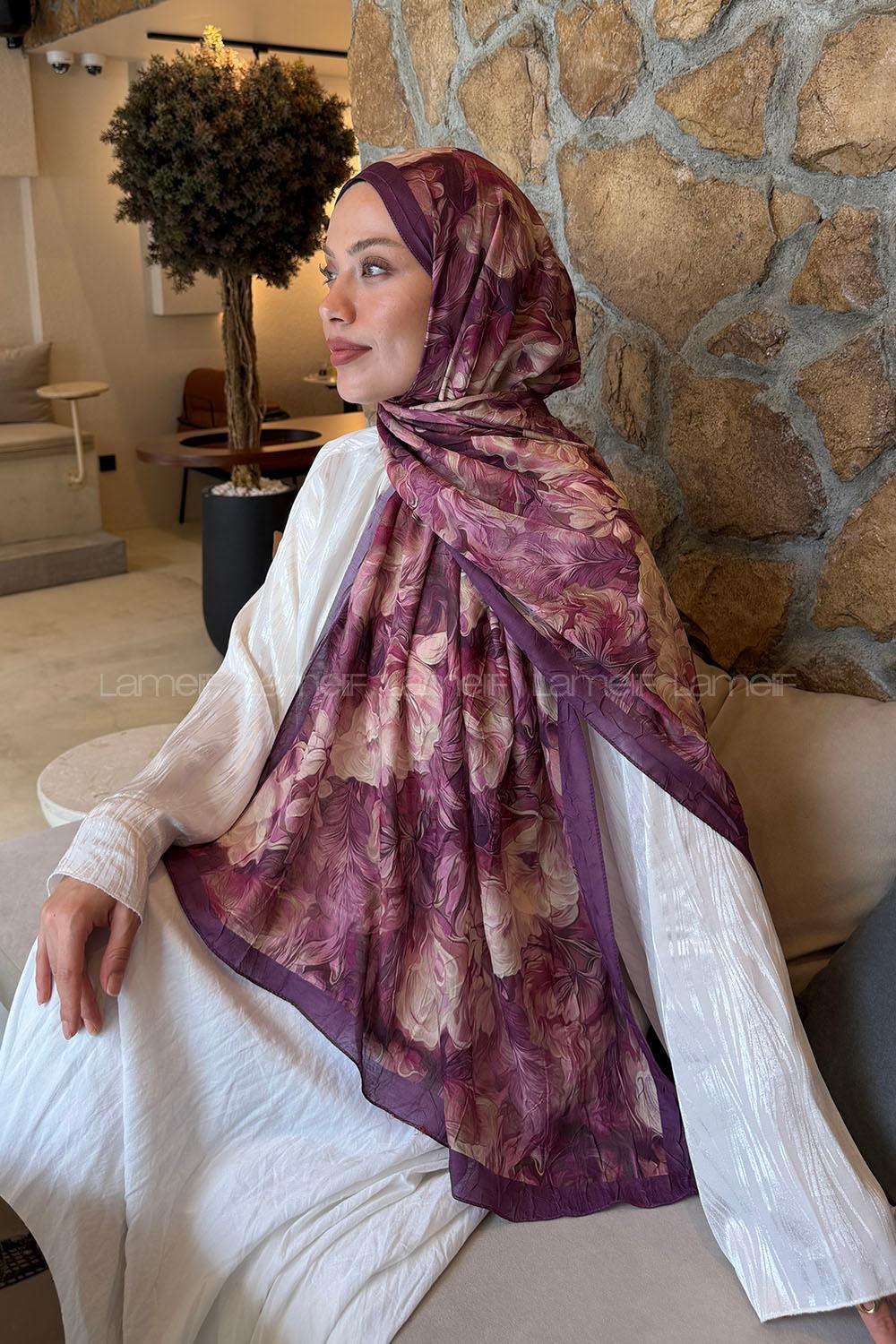 Lamelif Vintage Flower Desen Bambu Şal Mürdüm