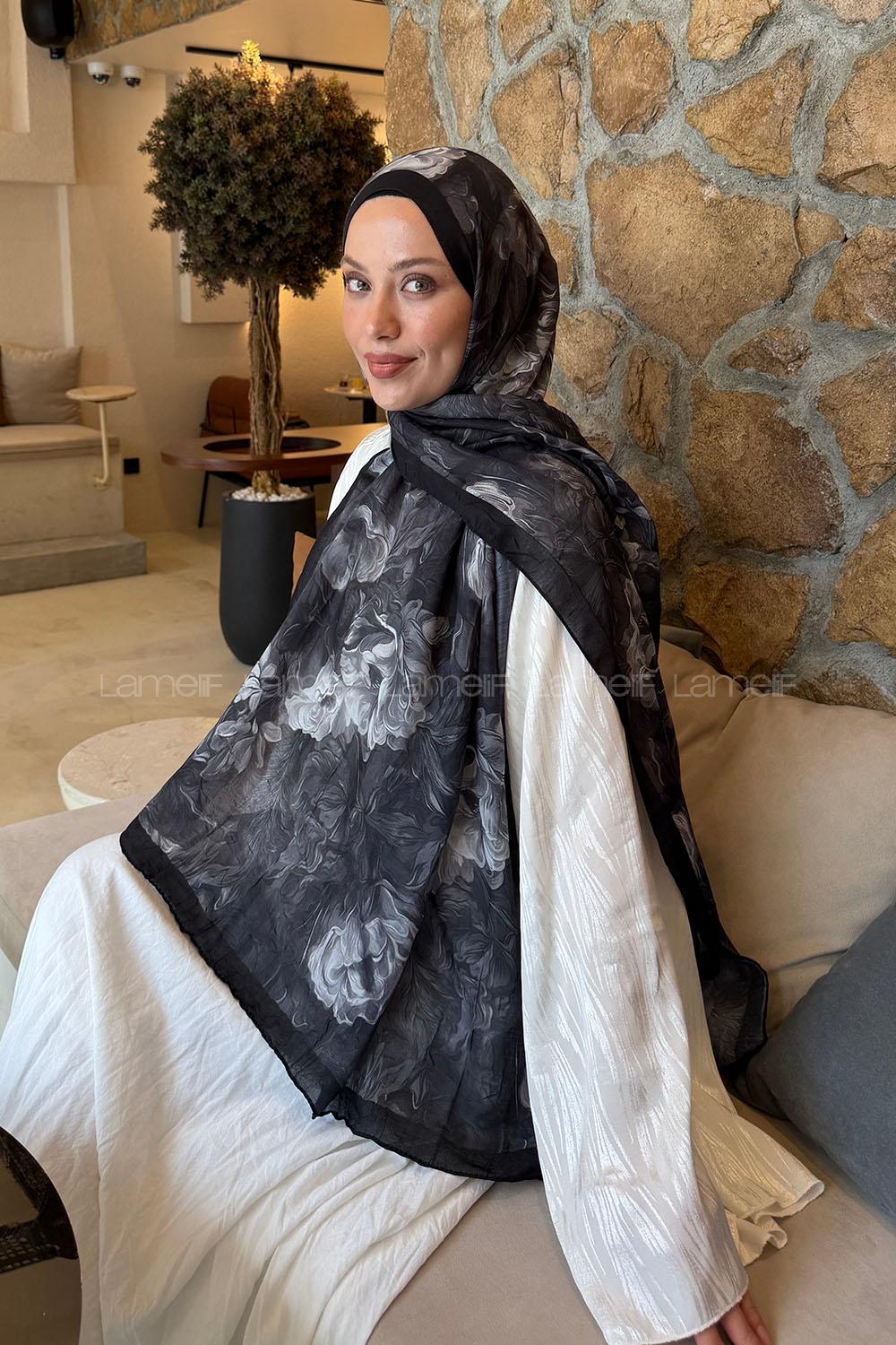 Lamelif Vintage Flower Desen Bambu Şal Siyah