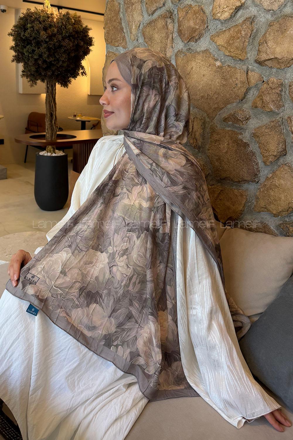 Lamelif Vintage Flower Desen Bambu Şal Vizon