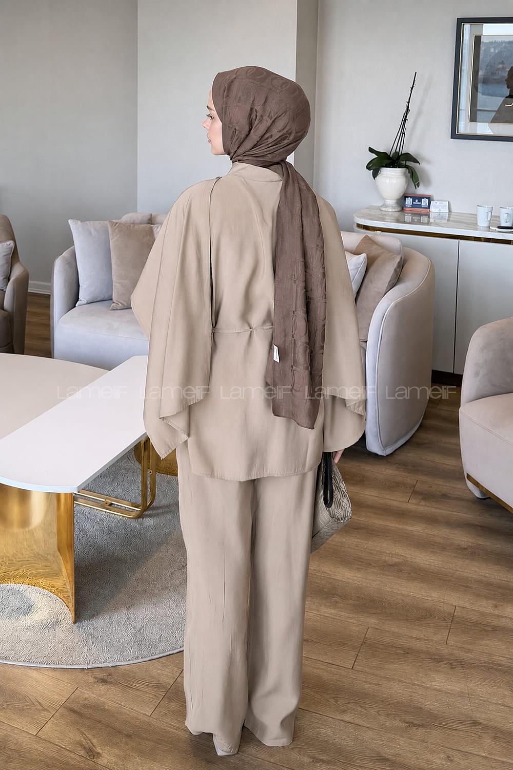 Lamelif Şallı Pantolon Takım Bej