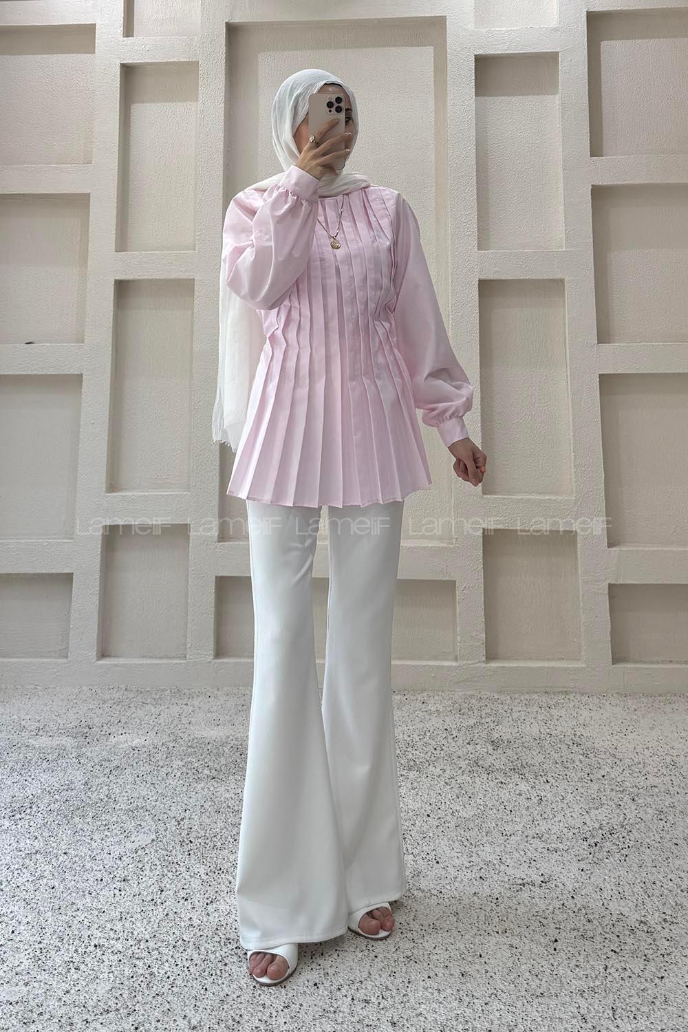 Lamelif Pile Detaylı Bluz Pembe