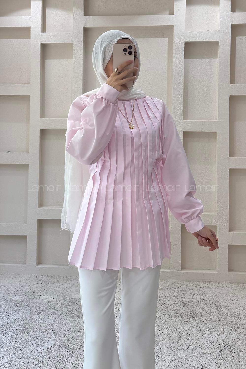 Lamelif Pile Detaylı Bluz Pembe