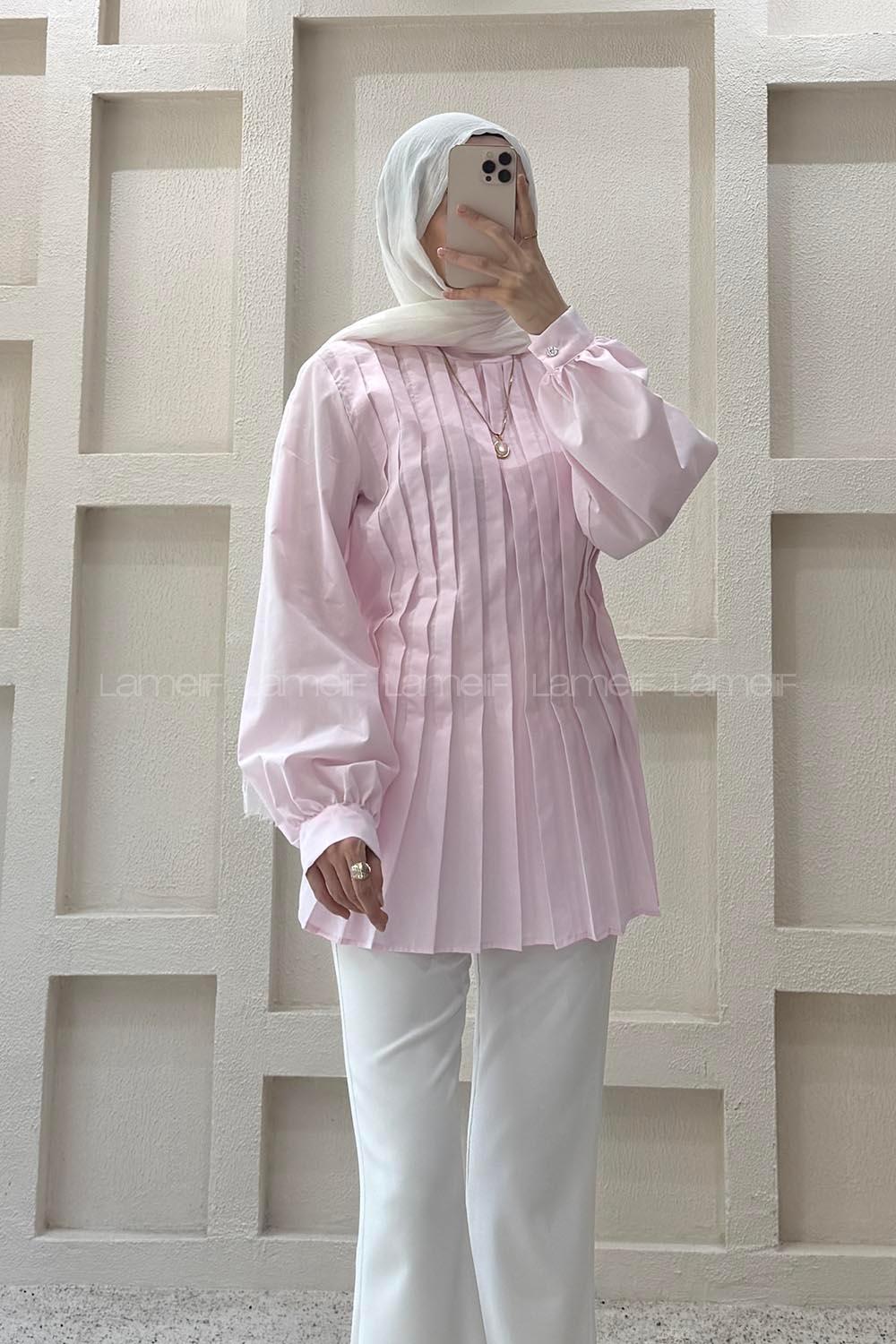Lamelif Pile Detaylı Bluz Pembe