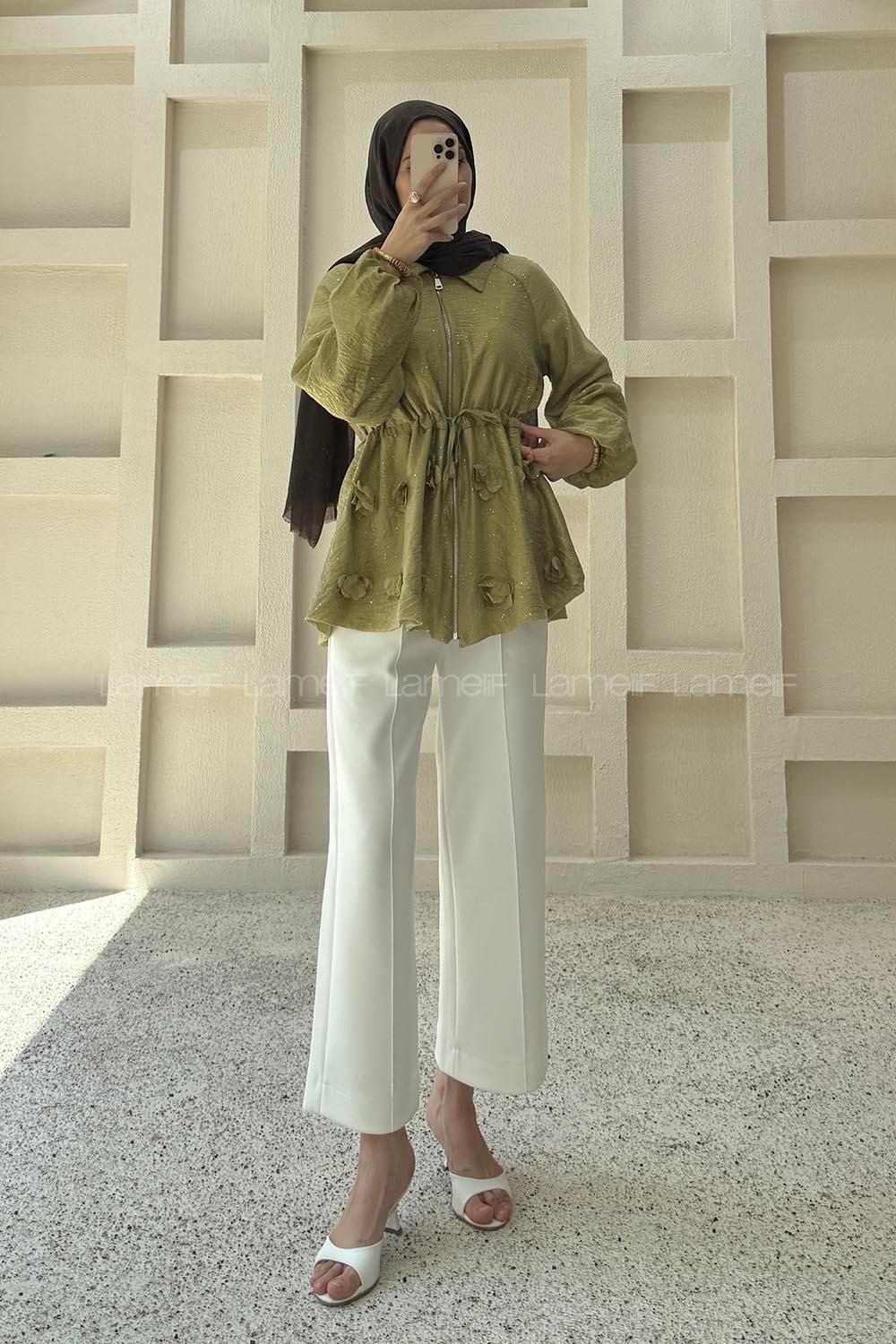 Oil Green Shirt Collar Long Arm Jacket