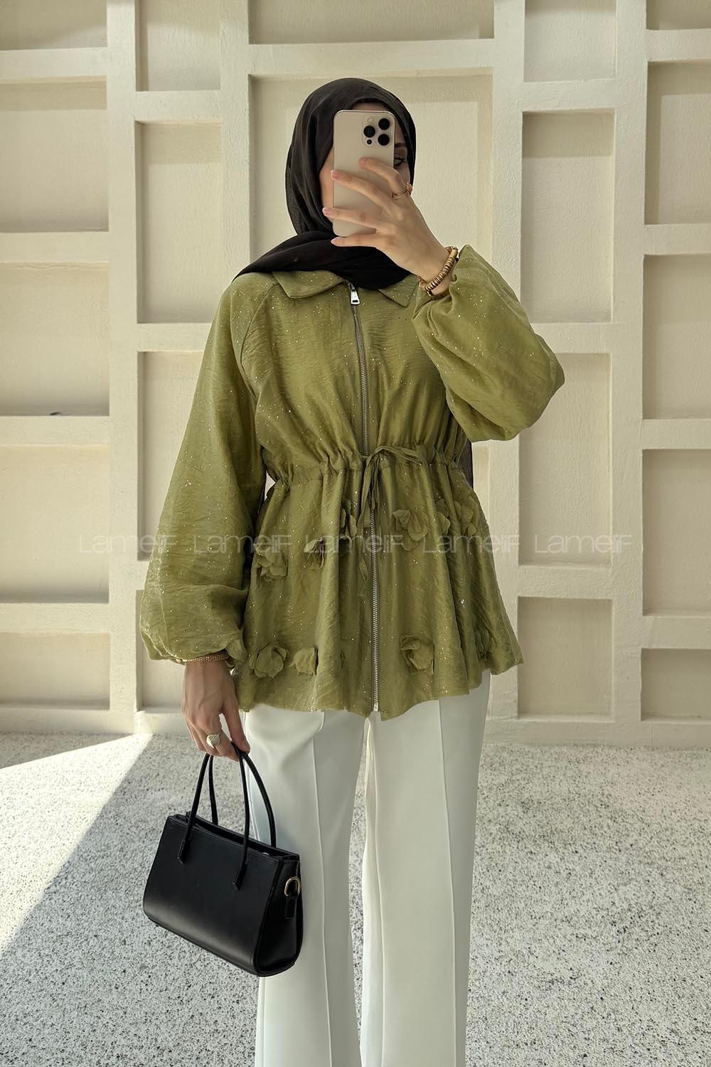 Oil Green Shirt Collar Long Arm Jacket