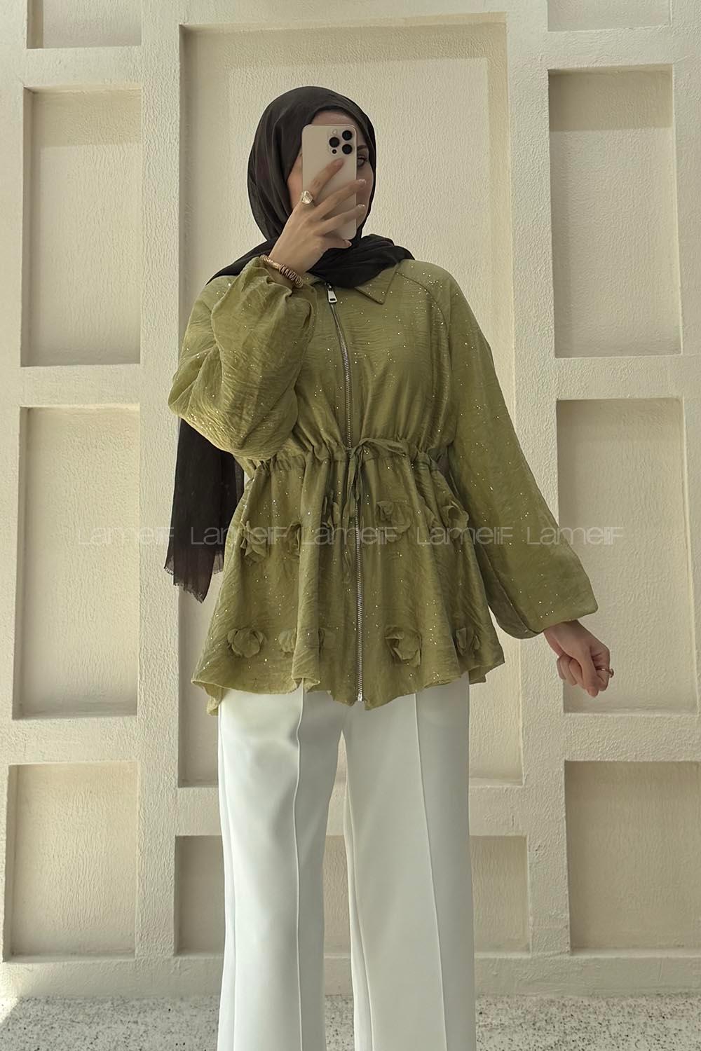 Oil Green Shirt Collar Long Arm Jacket