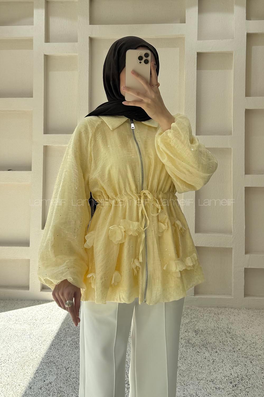 Lamelif Işıltılı Çiçek Kabartmalı Ceket Sarı