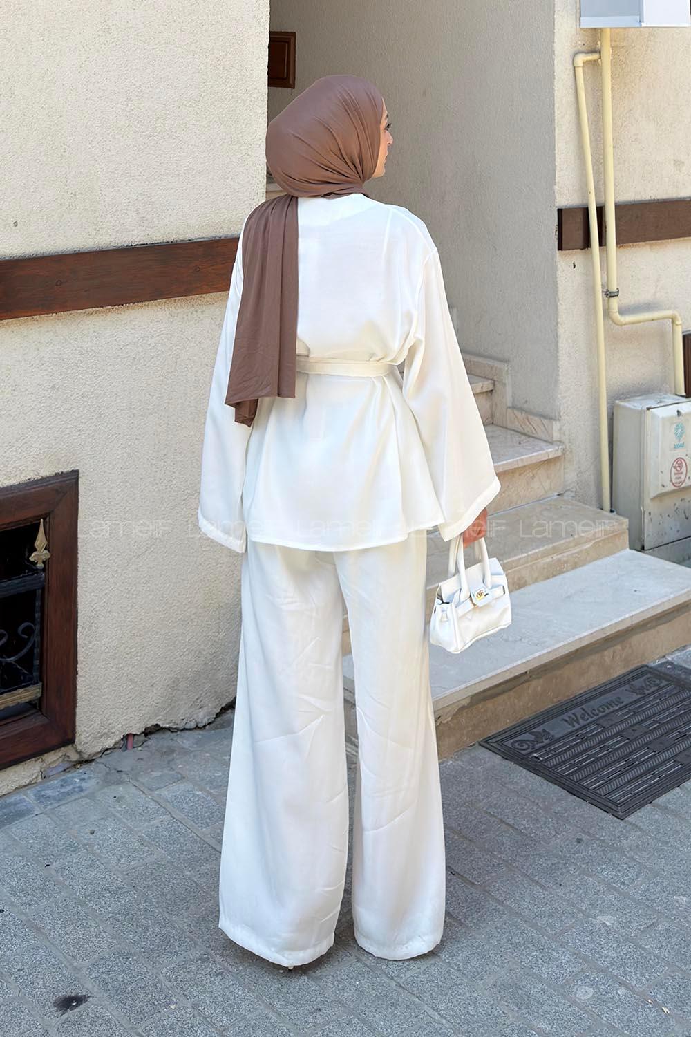 White Crew Neck Long Arm Modal Cupra Regular Trousers Comfortable Suit