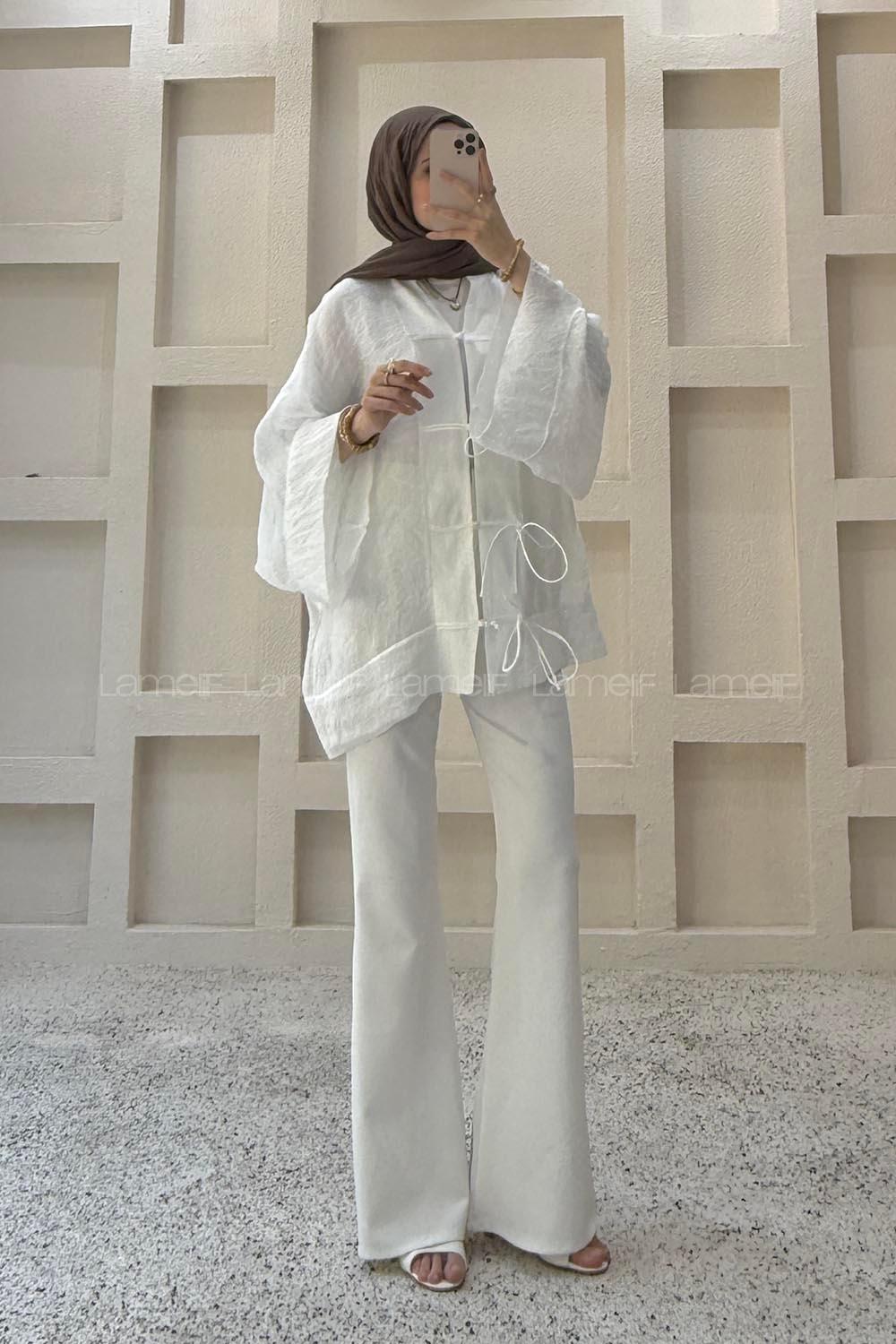 Lamelif Bağlama Detaylı Tül Kimono Beyaz