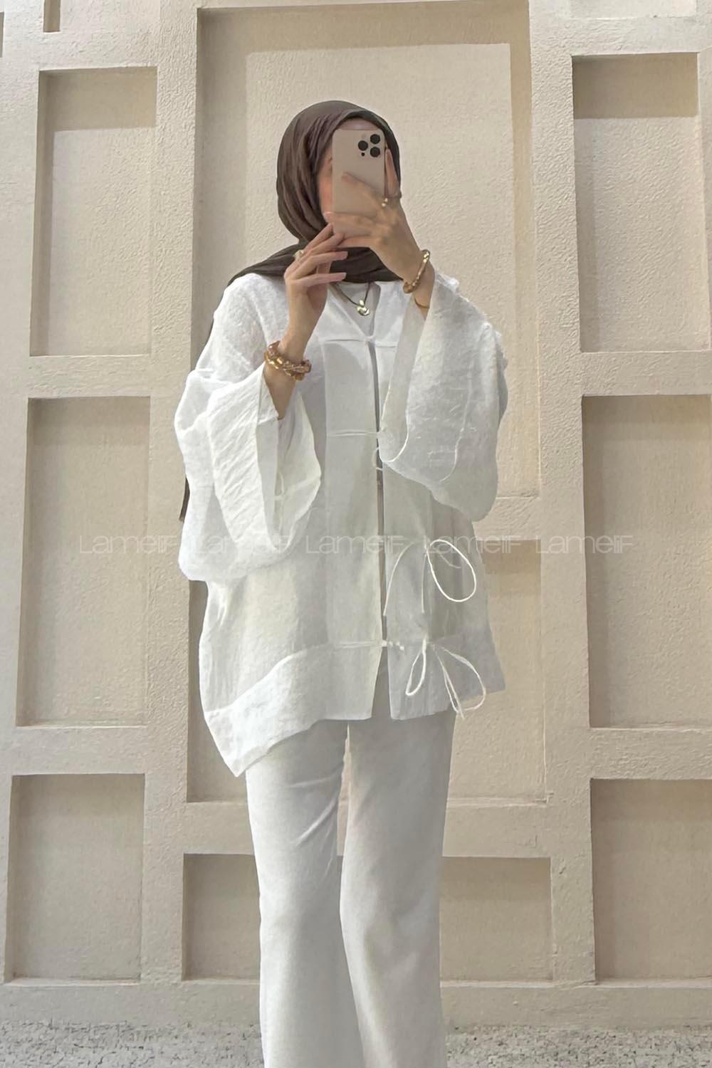 Lamelif Bağlama Detaylı Tül Kimono Beyaz
