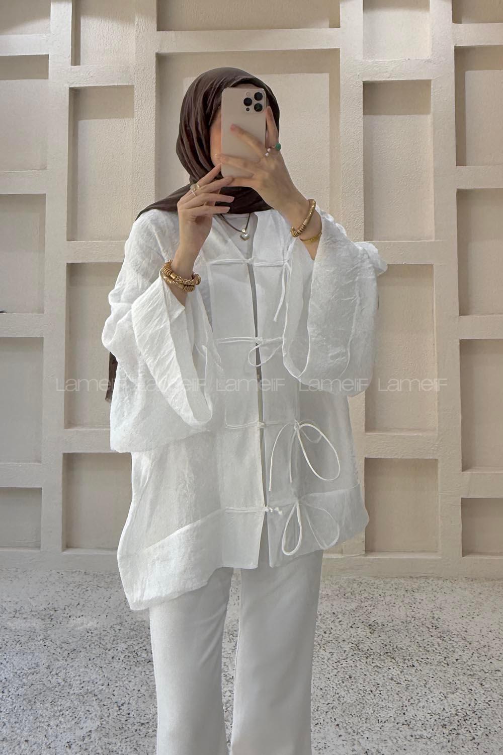 Lamelif Bağlama Detaylı Tül Kimono Beyaz