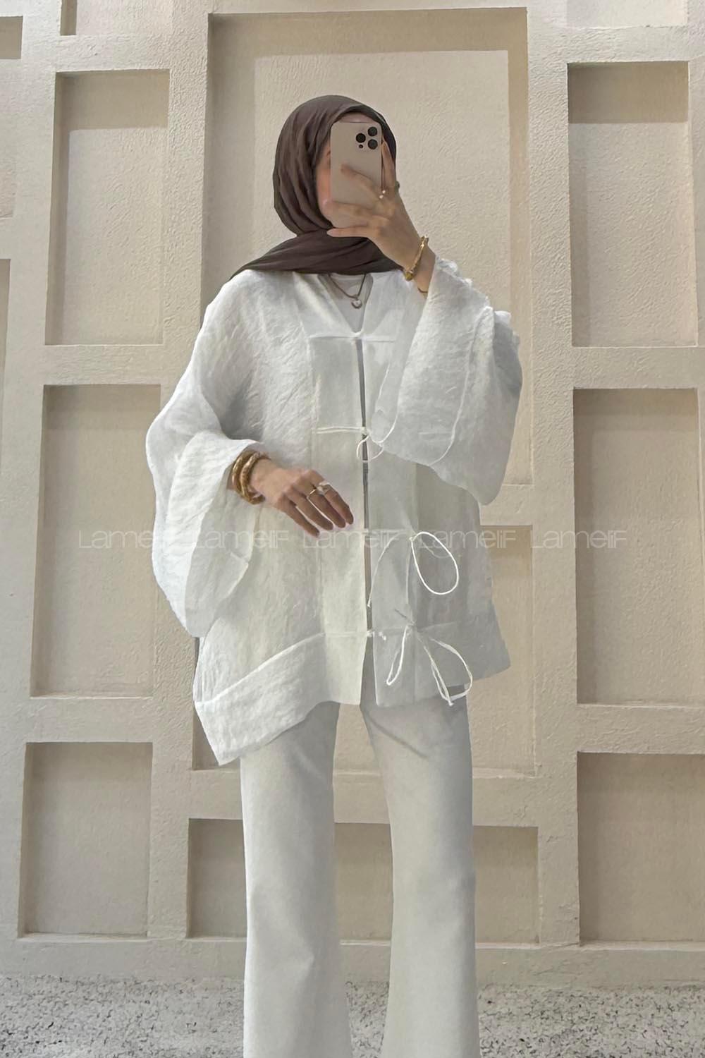 Lamelif Bağlama Detaylı Tül Kimono Beyaz