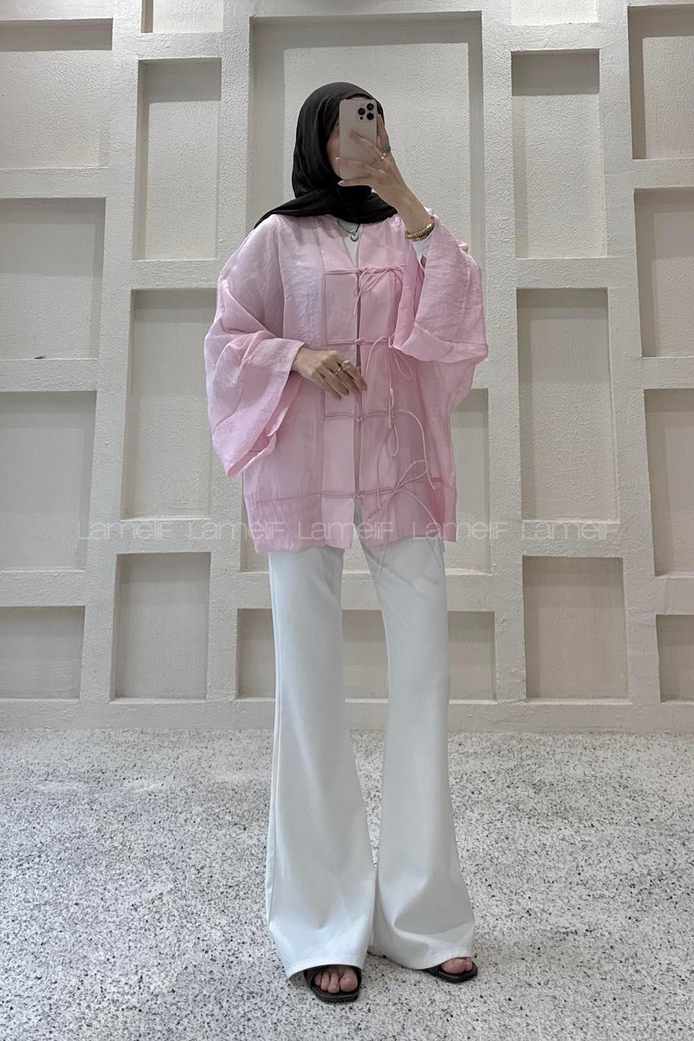 Lamelif Bağlama Detaylı Tül Kimono Pembe
