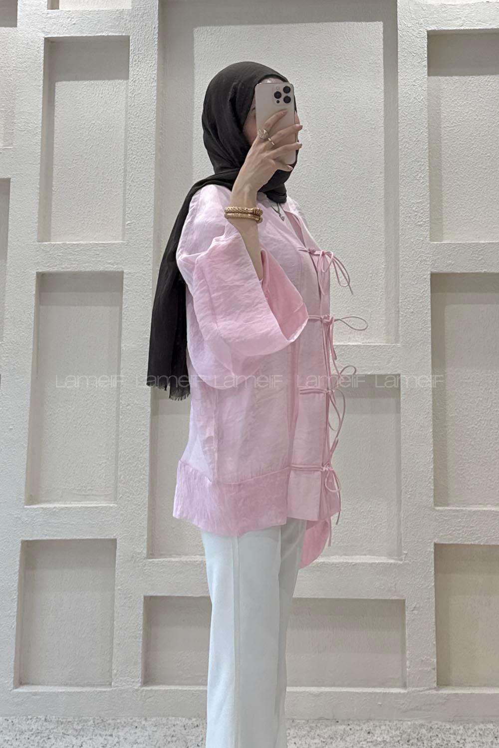 Lamelif Bağlama Detaylı Tül Kimono Pembe